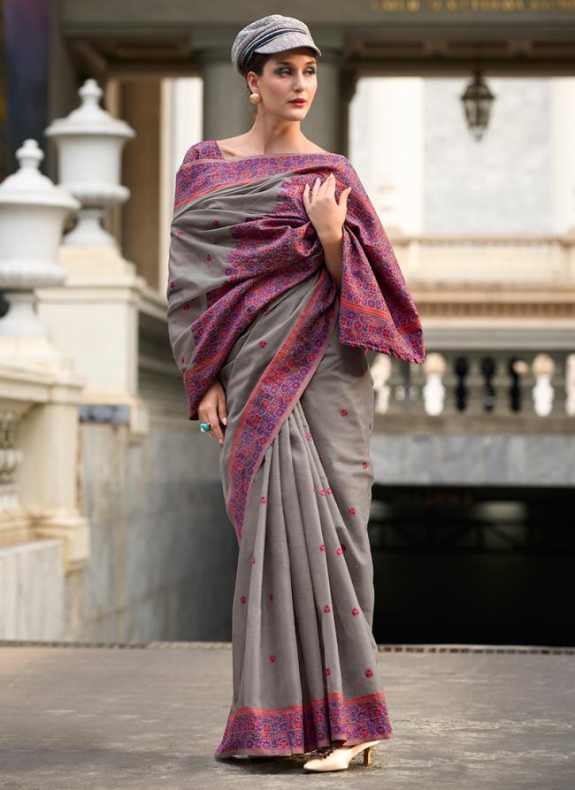 Soft Linen Cotton Grey Casual Wear Printed Saree